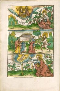 Kolorierter Holzschnitt aus Pinders "Der beschlossen gart des rosenkrantz marie". (Bayerische Staatsbibliothek, Einbandsammlung, P.lat. 1237-2)