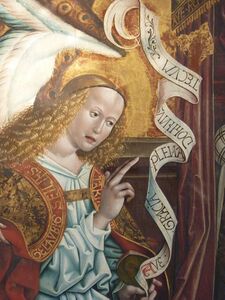 Gemaltes Schriftband am Hochaltar der Schlosskapelle Heiligste Dreifaltigkeit, München-Blutenburg, um 1491, Frühhumanistische Kapitalis. (Foto: Franz-Albrecht Bornschlegel)