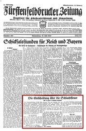 Artikel über die gescheiterte Abstimmung im Bayerischen Landtag in der Fürstenfeldbrucker Zeitung vom 17.7.1930. (farblich markierter Artikel) (Bayerische Staatsbibliothek, 2 Eph.pol. 72 g-1930,5/8)