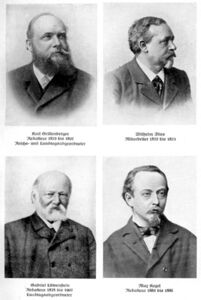 Die frühen Redakteure und Mitarbeiter der Tagespost, Karl Grillenberg, Gabriel Löwenstein, Wilhelm Blos (1849-1927) und Max Kegel (1850-1902). (aus: Gärtner, Mit uns zieht eine neue Zeit, nach S. 48)