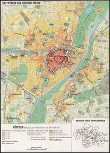 Entwicklung der Stadt München seit dem 12. Jahrhundert. (Karte aus: Spindler/Diepolder: Bay. Geschichtsatlas, 43)