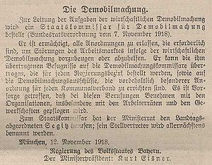 Ernennung des Staatskommissars für Demobilmachung, Martin Segitz, am 12. November 1918. (Bayerische Staatszeitung, 14. November 1918, 11)