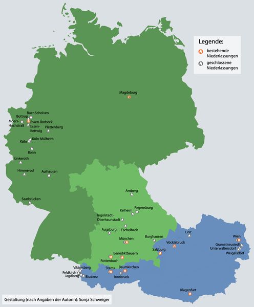 Karte mit den Niederlassungen der Don Bosco Schwestern in Deutschland und Österreich (1922-2019). (Gestaltung: Sonja Schweiger)
