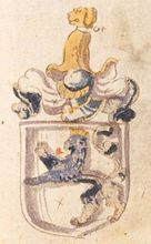 Wappen der Grafen von Veldenz mit dem blauen Löwen. Um 1600. (Bayerische Staatsbibliothek, Cod.icon. 307)]]