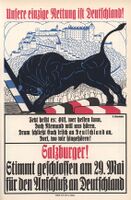 "Unsere einzige Rettung ist Deutschland". Propaganda für die Abstimmung im Land Salzburg über den Anschluss an Deutschland am 29. Mai 1921. Das Plakat zeigt vor der Festung Hohensalzburg den "Salzburger Stier", der Grenzpfähle mit den Farben Deutschlands, Österreichs und Bayerns niederreißt. (Bayerisches Hauptstaatsarchiv, Plakatsammlung)