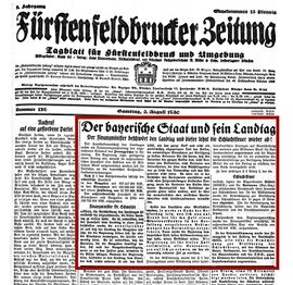 Artikel über die erneuten Versuch der Einbringung des Schlachtsteuergesetzes in der Fürstenfeldbrucker Zeitung vom 2.8.1930. (farblich markierter Artikel) (Bayerische Staatsbibliothek, 2 Eph.pol. 72 g-1930,5/8)