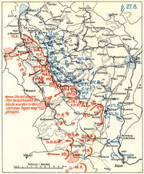 Karte mit Truppenbewegungen vom 27. August 1914. (Abb. aus: Karl Deuringer, Die Schlacht in Lothringen, Bd. 1, Lageskizzen, Blatt 1, g)