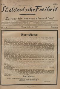 Titelblatt der Ausgabe Nr. 15/16 vom 3. März 1919 mit einen Nachruf auf Kurt Eisner, verfasst vom Schweizer Schriftsteller, Pädagogen und Philosophen Adolf Attenhofer (1879-1950).