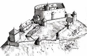 Rekonstruktion der Burg Eisenberg. Grafik im Besitz des Burgenvereins Eisenberg, 1994. (Zeichnung von Roger Mayrock, lizenziert durch CC BY-SA 3.0 via Wikimedia Commons)