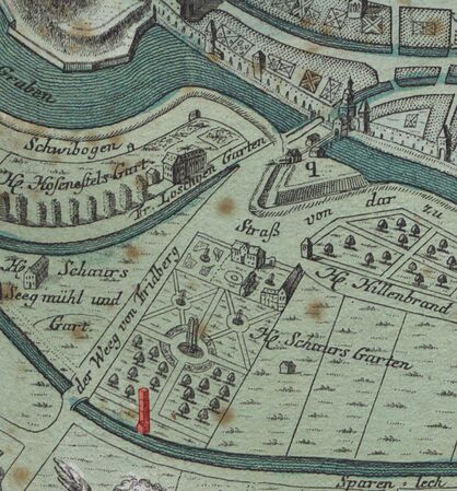 Schaur’scher Garten mit Wasserturm (rot markiert). Ausschnitt aus einer Karte von Matthäus Seutter (1678-1757), 1730. (Bayerische Staatsbibliothek, 2 Mapp. 76 a)