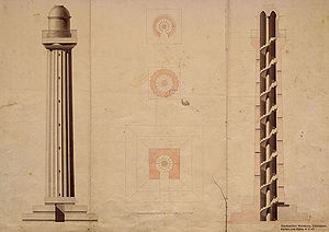 Erster Entwurf Klenzes vom September 1820. Dort wird noch ein kuppelförmiger Abschluss der Säule vorgesehen. (bavarikon) (Staatsarchiv Würzburg, Schönborn, Karten und Pläne, K II, 45)