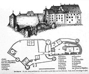 Schloss Alt-Trauchburg vor der Abtragung im 18. Jahrhundert. Abb. aus: Franz Ludwig Baumann, Geschichte des Allgäus, Bd. 3, 1894, 409. (Bayerische Staatsbibliothek, Bavar. 4613 k-3)