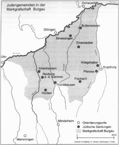 Judengemeinden in der Markgrafschaft Burgau. Karte. (aus: Rolf Kießling/Sabine Ullmann, Christlich-jüdische "Doppelgemeinden" in den Dörfern der Markgrafschaft Burgau während des 17./18. Jahrhunderts, in: Christoph Cluse/Alfred Haverkamp/Isreal Yuval [Hg.], Jüdische Gemeinden und ihr christlicher Kontext in kulturräumlich vergleichender Betrachtung [5.-18. Jahrhundert] [Forschungen zur Geschichte der Juden A13], Hannover 2003, 513-534, hier 519)