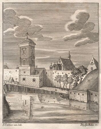 Unterer St.-Jakobs-Wasserturm, Kupferstich von Johann David Nessenthaler (1717-1766), 1762. Abb. aus: Caspar Walter, Anweisung vor einen jederweiligen Brunnen- oder Obmann in denen zwey St. Jacobs Wasser-Thürmen …, Augsburg 1766. (CC BY-NC-SA 4.0. via Staats- und Stadtbibliothek Augsburg, 4 Aug 1616#3)