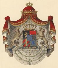 Der Fränkische Rechen im Wappen des Königreichs Bayern. Wappenzeichnung des Reichsheroldenamtes für die auswärtigen bayerischen Vertretungen anlässlich der Neugestaltung des Wappens des Königreichs Bayern 1835. Dieses Wappen wurde bis 1918 verwendet. (Bayerisches Hauptstaatsarchiv, Gesandtschaft Stuttgart 45)