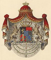 Der Fränkische Rechen im Wappen des Königreichs Bayern. Wappenzeichnung des Reichsheroldenamtes für die auswärtigen bayerischen Vertretungen anlässlich der Neugestaltung des Wappens des Königreichs Bayern 1835. Dieses Wappen wurde bis 1918 verwendet. (Bayerisches Hauptstaatsarchiv, Gesandtschaft Stuttgart 45)