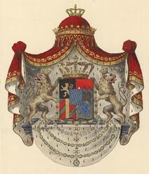 Der Fränkische Rechen im Wappen des Königreichs Bayern. Wappenzeichnung des Reichsheroldenamtes für die auswärtigen bayerischen Vertretungen anlässlich der Neugestaltung des Wappens des Königreichs Bayern 1835. Dieses Wappen wurde bis 1918 verwendet. (Bayerisches Hauptstaatsarchiv, Gesandtschaft Stuttgart 45)