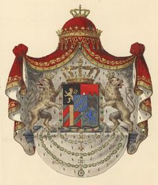 Wappenzeichnung des Reichsheroldenamtes für die auswärtigen bayerischen Vertretungen anlässlich der Neugestaltung des Wappens des Königreichs Bayern 1835. Dieses Wappen wurde bis 1918 verwendet. (BayHStA, Gesandtschaft Stuttgart 45)