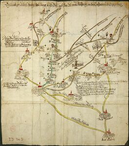 Karte der Haupt- und Nebenwege des Goldenen Steigs aus der Zeit um 1683. (Staatliches Gebietsarchiv Trebon, Abteilung Cesky Krumlov, Oberamt Vimperk, Signatur IID Nr. 3)