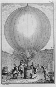 Erste Füllung eines Ballons mit Wasserstoff durch Jacques Charles (1746-1823) und die Brüder Anne-Jean (1758–1820) und Nicolas-Louis Robert (1760–1820) 1783, Kupferstich. (Foto: Deutsches Museum)