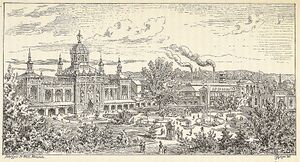 Aussenansicht des Hauptgebäudes der Bayerischen Landesausstellung von 1882. Abb. aus: Führer zur Bayrischen Landes-, Industrie-, Gewerbe- und Kunst-Ausstellung in Nürnberg, 1882, 31. (Staatsbibliothek Bamberg, MvO.L.art.o.120)