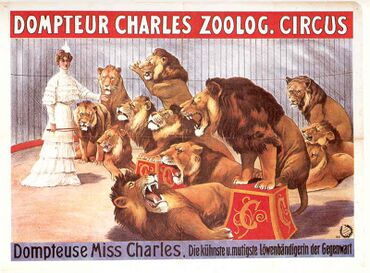 Dompteur Charles Zoolog. Circus, Lithografie von Adolph Friedländer (1851-1904), 1905/1906. (Gemeinfrei via Wikimedia Commons)