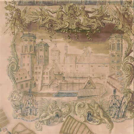 Innenhof des Oberen Wasserwerkes, Abbildung auf dem Plan "Typus Choro-Topographicus Liberae Sacri Rom. Imp. Civitatis Avgvstae Vindelicorvm“ von Johann Ulrich Kraus (1655-1719), 1688. (PDM 1.0 via Staats- und Stadtbibliothek Augsburg, 13 H 1)