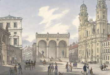 Ansicht des Odeonsplatzes mit der Feldherrnhalle. Lithographie von Gustav Wilhelm Kraus 1844/1848. (Bayerische Staatsbibliothek, Bildarchiv port-011695)