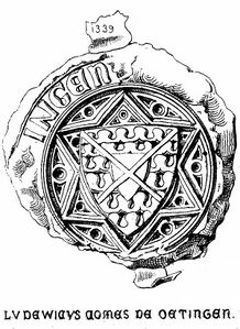 Siegel Graf Ludwigs von Oettingen von 1339. (aus: J. G. Leonard Dorst, Württembergisches Wappenbuch oder die Wappen des immatriculirten Adels im Königreich Württemberg nebst einer heraldischen Beschreibung der Wappen und kurzen historisch-genealogischen Notizen, Halle a. d. Saale 1846.)