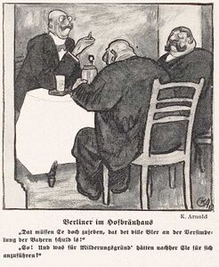 Karikatur "Berliner im Hofbräuhaus", von Karl Arnold (1883-1953), 1913. (Abb. aus: Die Jugend Nr. 29 (8.7.1913), 862)
