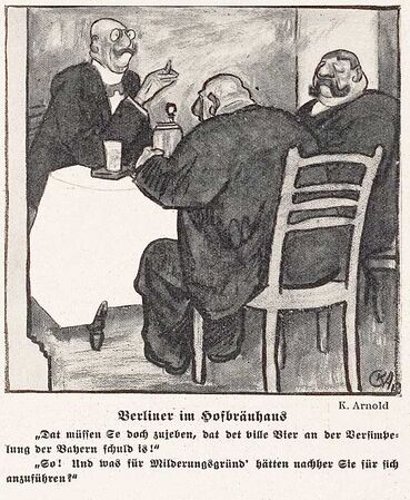 Karikatur "Berliner im Hofbräuhaus", von Karl Arnold (1883-1953), 1913. (Abb. aus: Die Jugend Nr. 29 (8.7.1913), 862)