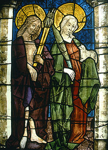 Hl. Sebastian und hl. Agnes. Glasfenster im nördlichen Seitenschiff des Regensburger Domes, 5. Joch von Osten, um 1450. (Foto Achim Hubel)