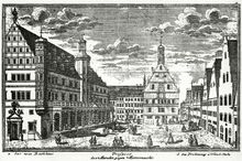Stich des Rothenburger Marktplatzes mit Sicht auf das Rathaus. (aus: von Winterbach, J. D. W.: Rothenburger Chronik, Rothenburg 1905, nach Seite 56)