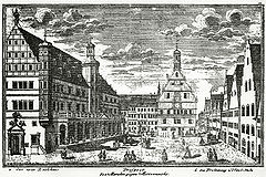 Stich des Rothenburger Marktplatzes mit Sicht auf das Rathaus. (aus: von Winterbach, J. D. W.: Rothenburger Chronik, Rothenburg 1905, nach Seite 56)