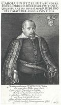 Karl Nützel von Sündersbühl (1557-1614), kaiserlicher Rat und Nürnberger Patrizier. Kupfstich von Andreas Kohl (1624-1657). Er diente unter Kaiser Rudolf II. (reg. 1576-1612) und Kaiser Matthias (reg. 1612-1619) u.a. als Botschafter in Madrid. (Österreichische Nationalbibliothek, PORT_00141969_01)