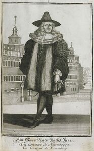 Darstellung eines Nürnberger Ratsherren. Stich von Jakob Andreas Friderich (1683-1751). Abb. aus: Jeremias Wolff, Trachtenbilder. Sammlung von 142 teilw. kolorierten Trachtenbildern, [Augsburg, c.1710-1750], fol. 28. (Bayerische Staatsbibliothek Chalc. 116)