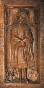 Grabmal für Ulrich Kastenmayr (gest. 1431) in der Kirche St. Jakob in Straubing. Das künstlerisch herausragende Grabmal gab er noch zu Lebzeiten in Auftrag. Der Entwurf könnte von Jan van Eyck (um 1390-1441) stammen. Kastenmayr ist in burgundisch-holländischer Bürgermode abgebildet. (Stadtarchiv Straubing, Allgemeine Fotosammlung)