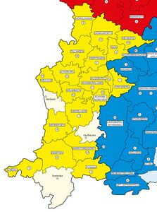 Bearbeitungsstand der für Schwaben vorgesehenen Bände des Historischen Atlas Bayern im Jahr 2025. Gelb erschienen, pastellgelb in Vorbereitung. (Kommission für Bayerische Landesgeschichte)