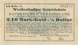 Wertbeständiger Notgeldschein der Bayerischen Vereinsbank im Wert von 2.10 Mark-Gold von 1923. (Ein ähnlicher Notgeldschein und weitere Informationen dazu bei bavarikon) (HVB Stiftung Geldscheinsammlung)