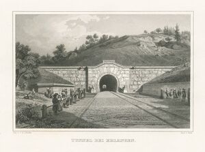 Burgbergtunnel in Erlangen, Stahlstich nach Carl August Lebschée (1800-1877) von Joseph Maximilian Kolb (ca. 1818-1859), ca. 1879. (Bayerische Staatsbibliothek, Bildarchiv port-036222)