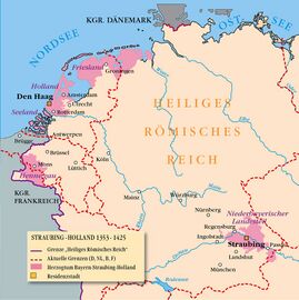 Herzogtum Niederbayern-Straubing-Holland. Zwischen den beiden Residenzstädten s'Gravenhage (Den Haag) und Straubing liegen etwa 800 km. (Stadtarchiv Straubing)