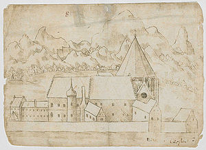 Kloster Ettal. Zeichnung von Philipp Apian (1531-1589), zwischen 1554-1583 entstanden. (Bayerische Staatsbibliothek, Cgm 5379,3)
