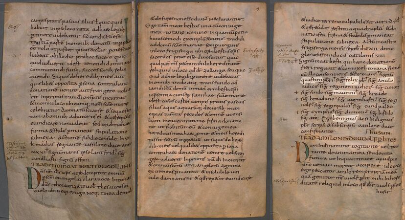 Urkunde von 743 aus dem Freisinger Cozroh-Codex (Romanische Personennamen in der Zeugenreihe hervorgehoben), HL Freising 3a, fol.18v, 19r, 19v, Freising, 824. (Bayerisches Hauptstaatsarchiv via CC BY-NC-SA 4.0)