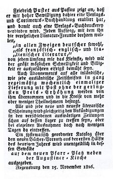 Anzeige über die Unternehmensgründung im "Regensburger Wochenblatt", 15. November 1826. (Friedrich Pustet KG)