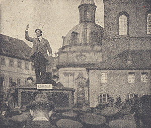 Ausrufung der Räterepublik in Würzburg durch Anton Waibel (1889-1969). Abb. aus: Das Bayerland 30 (1919), 320. (bavarikon) (Bayerische Staatsbibliothek, 4 Bavar. 3299)