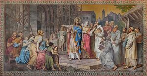 Als eines von sechs Vorbildern christlicher Herrschaftsauffassung ist Heinrich II. in der Apsis des Thronsaals von Schloss Neuschwanstein dargestellt. Das Gemälde von Wilhelm Hauschild (1827–1887) an der Ostwand auf der Galerie des Saales zeigt den heiligen Kaiser und seine Gemahlin Kunigunde vor der Baustelle des Bamberger Domes. (Bayerische Schlösserverwaltung, MESSBILDSTELLE GmbH, Dresden)