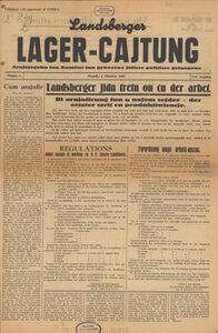 Landsberger Lager Cajtung, first edition Monday, 8 October 1945. (Bayerische Staatsbibliothek (Bavarian State Library), 2 Z 49.2-1/2)