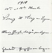 Die Eintragung der bayerischen Königsfamilie im Gästebuch von Schloss Anif zum 10.-13. November 1918, König Ludwig III., Königin Marie Therese und Prinzessin Helmtrud. (Foto O. Anrather)