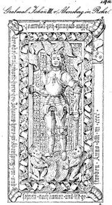Stich des Grabmals des Grafen Johanns III. von Abensberg (gest. ca. 1476) in der Klosterkirche von Rohr (aus: Die Grabstätten der Grafen und Reichsherren von Abensberg in Kloster Rohr und Abensberg, Abensberg 1881, Taf. I) (Bayerische Staatsbibliothek Bavar. 2530 h)