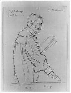 Der Staatsanwalt Ludwig Stenglein erhebt Anklage gegen Hitler. Bleistiftzeichnung aus dem Gerichtssaal von Otto D. Franz (1871-1963). (Bayerisches Hauptstaatsarchiv, Bildersammlung 1813)
